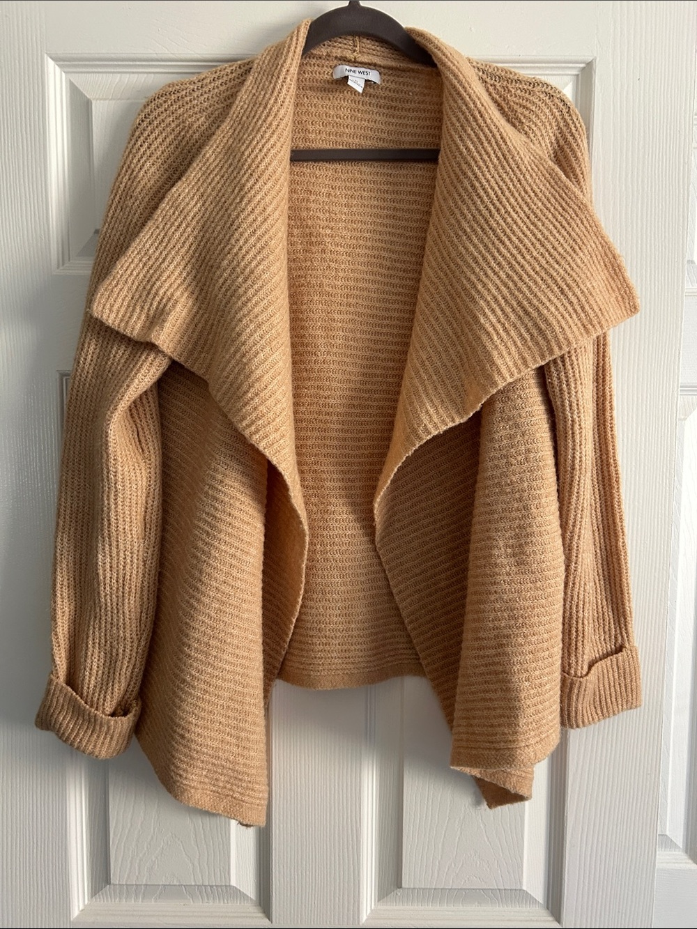 Nine West Women’s Medium Camel Drapey Rib Open Front Cardigan Wool Blend